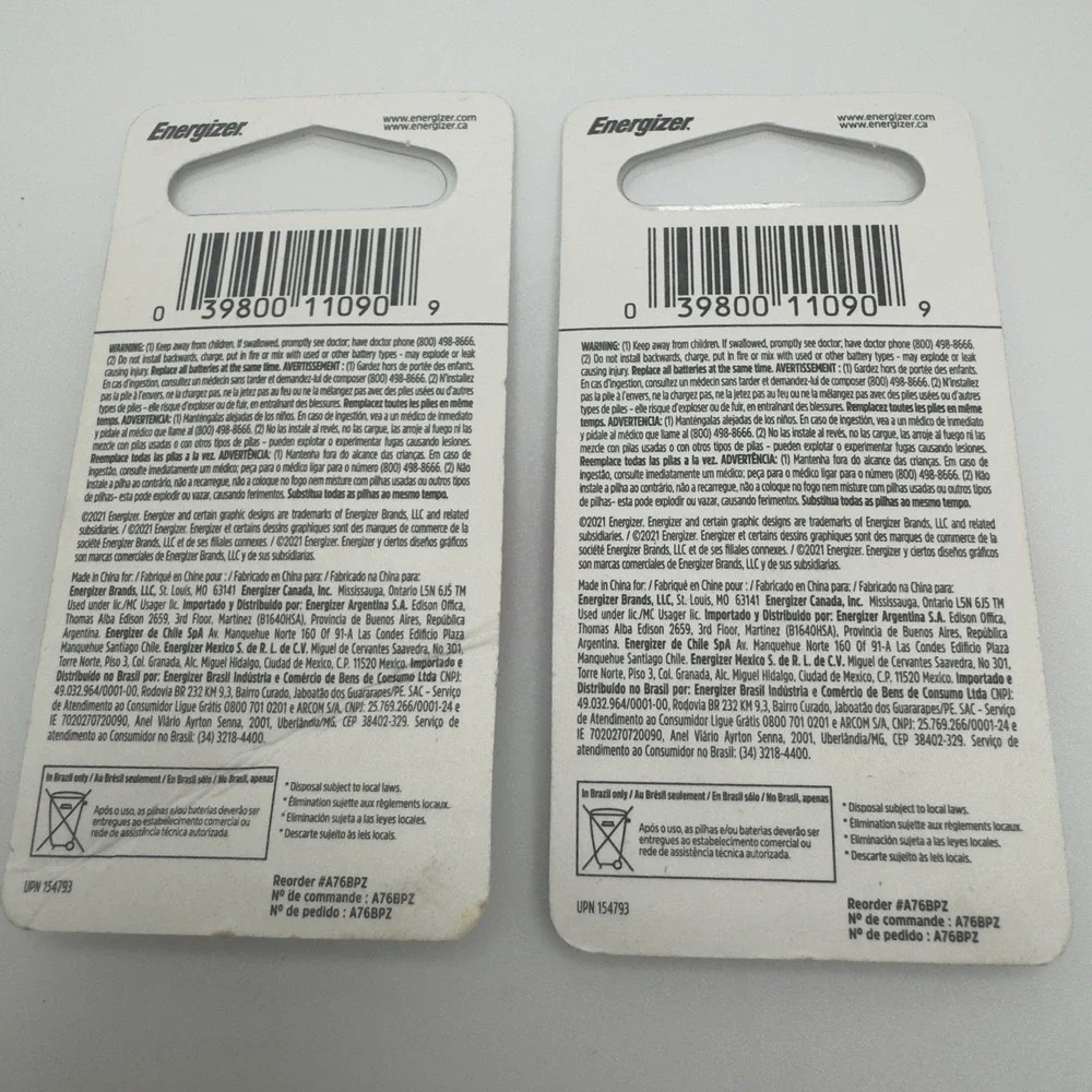 2 pcs Energizer A76 Alkakine Coin 1.5V Batteries Single Pack LR44 357 FRESH
